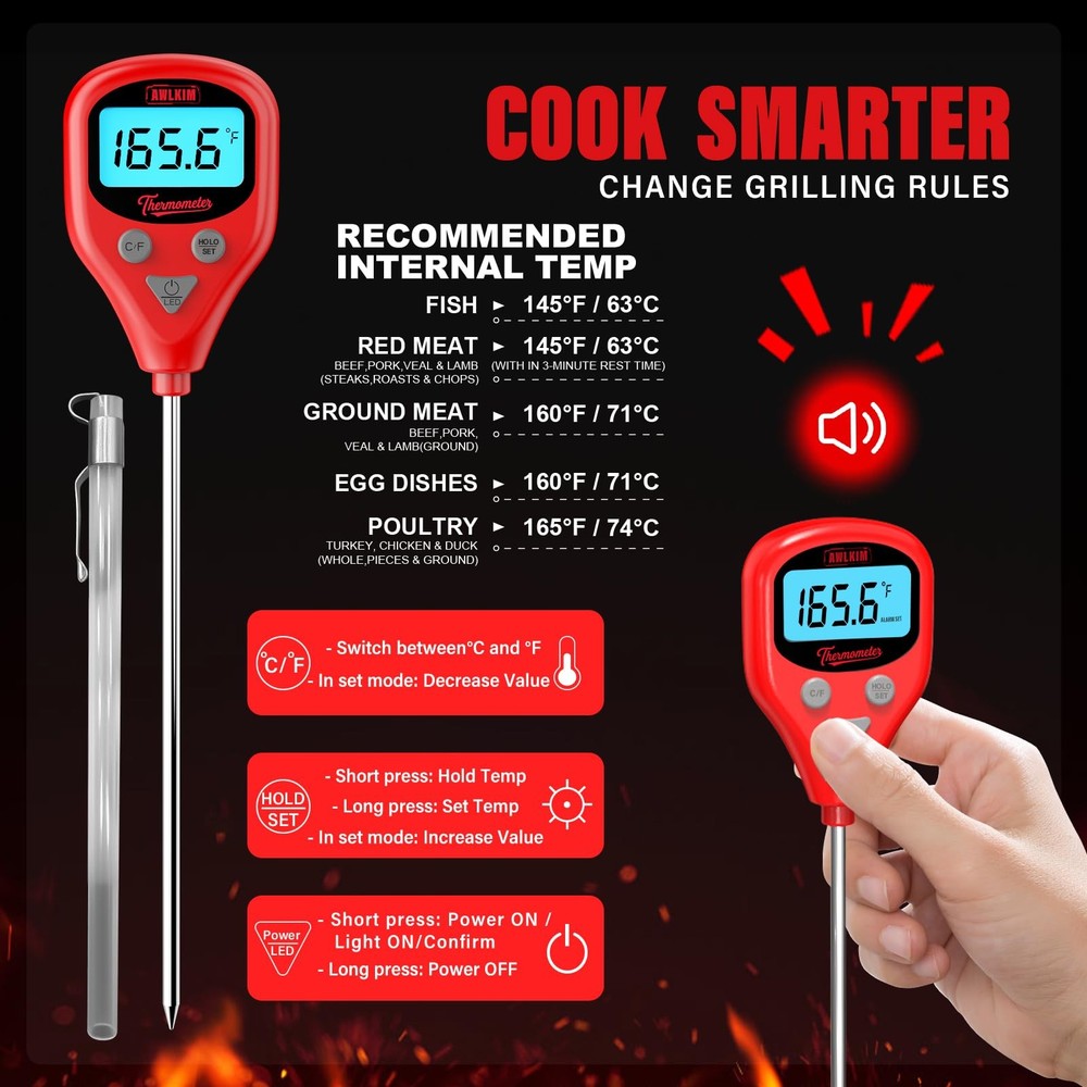 Digital Meat Thermometer set Rechargeable with External Probe Red