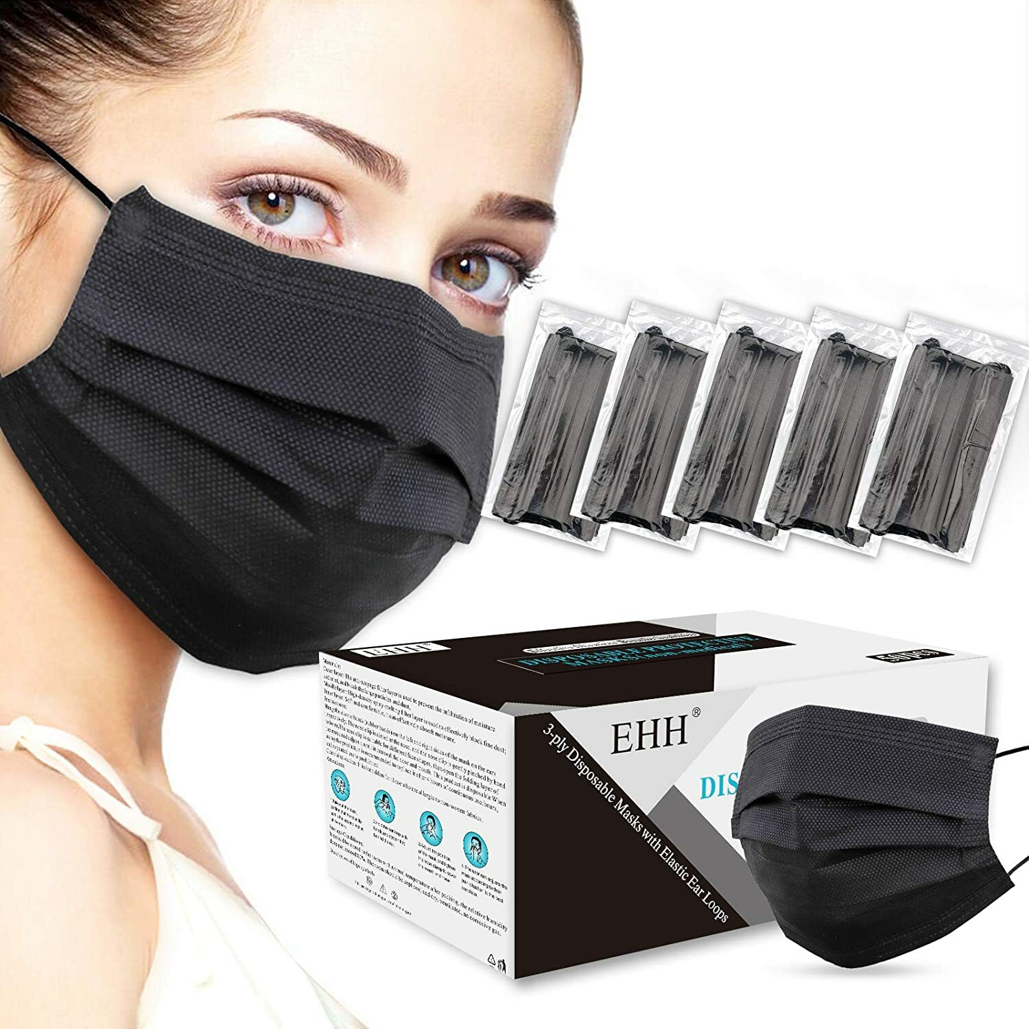 10/50/100 PCS Black Disposable Face Mask Non Medical 3-Ply Earloop Dust Cover