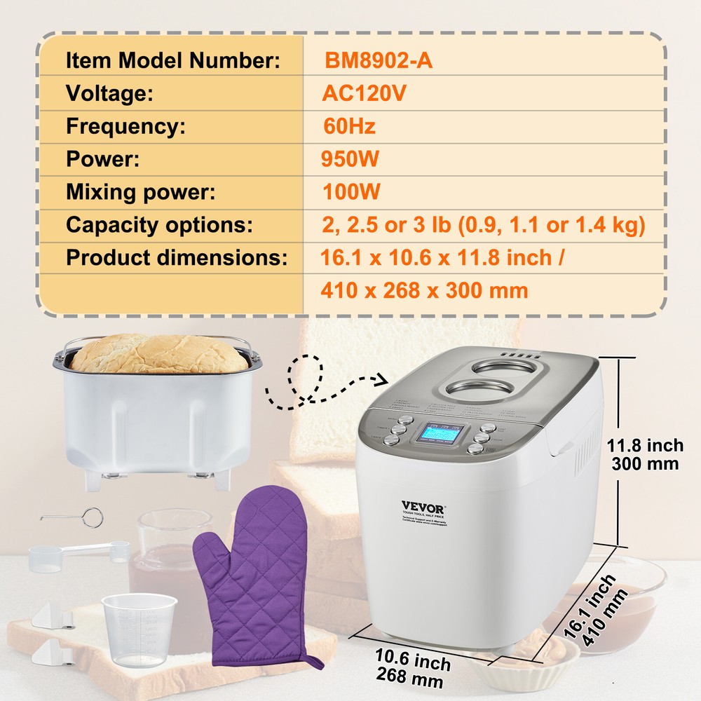 VEVOR 3LB 15-in-1 Bread Maker Automatic Compact Dough Machine Nonstick White