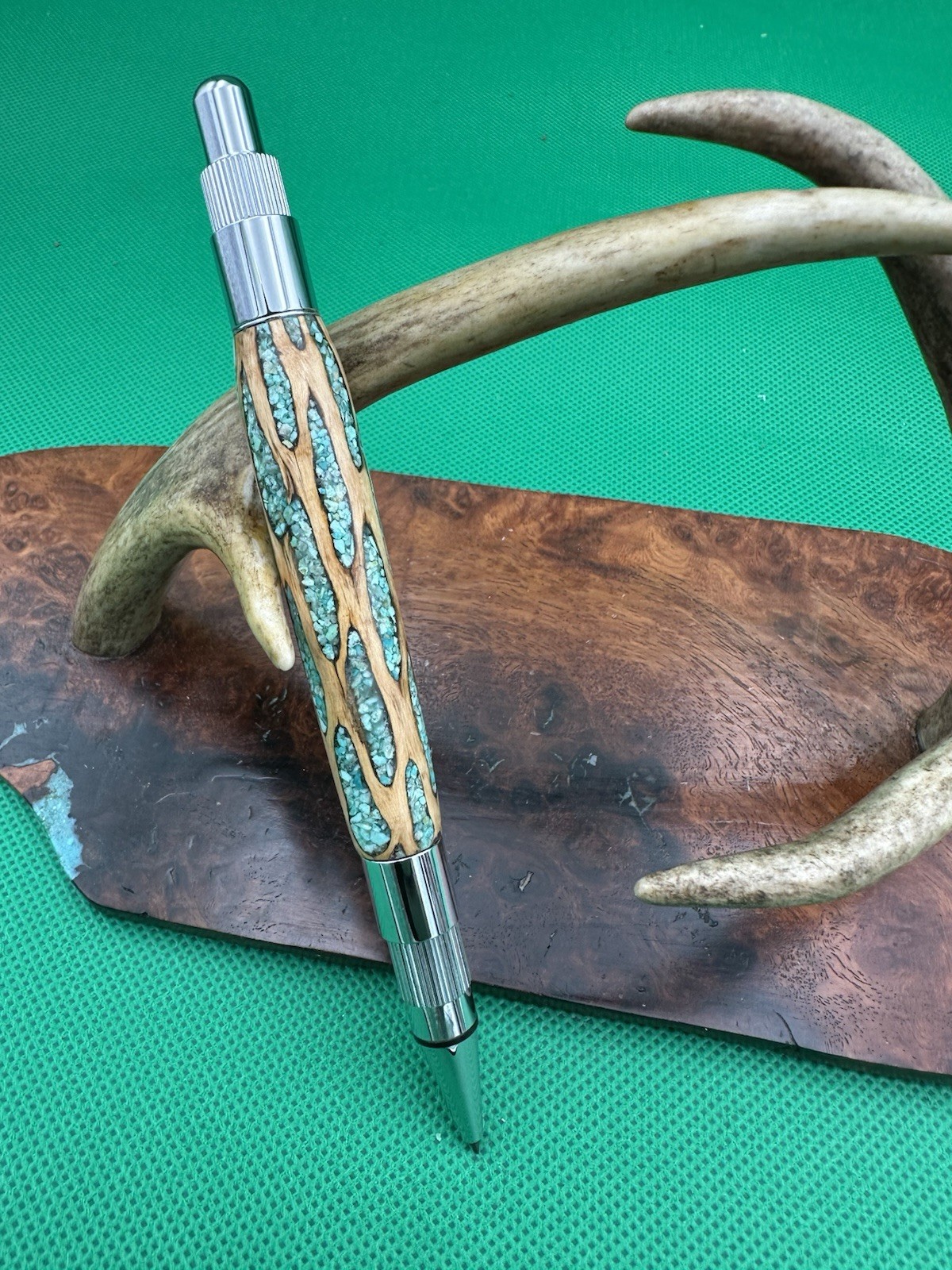 Hand Turned Mechanical Stratus Pencil With Cholla Cactus Inlaid Turquoise Chrome