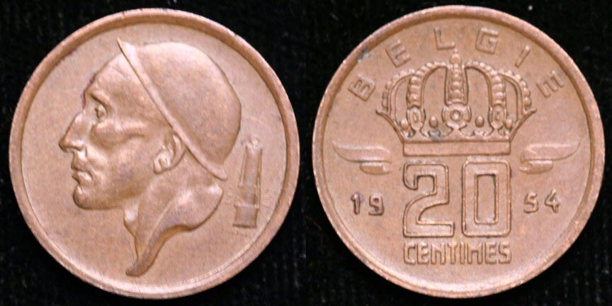 Belgium 1954 Twenty Centimes - machine doubling