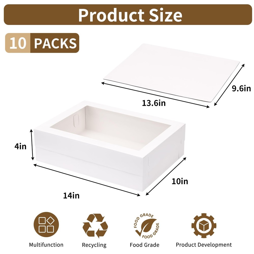 10pcs 14x10x4in Cake Boxes with Cake Board,White Rectangle Bakery Boxes with ...