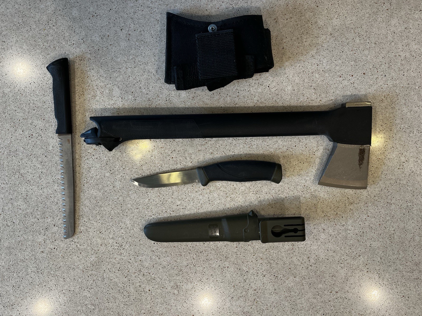 Gerber Hatchet Black Silver Plastic Handle with saw and a morakniv knife