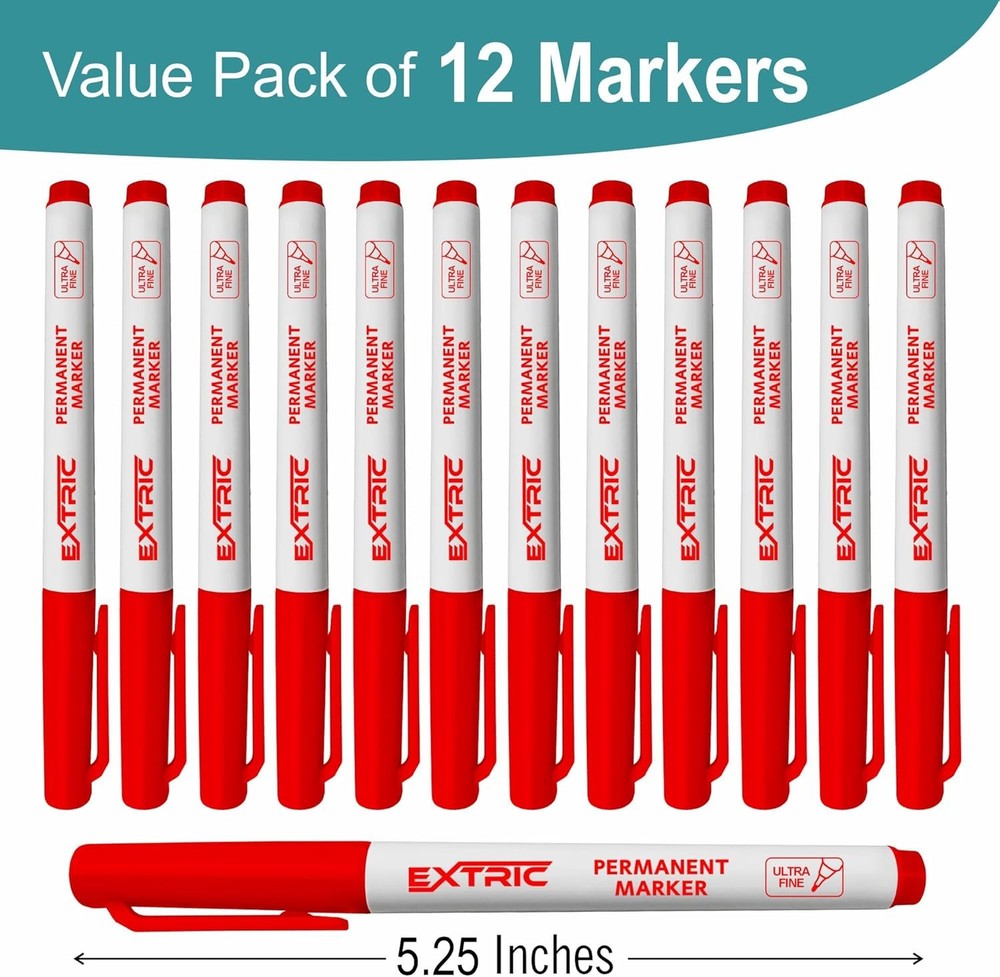 EXTRIC Permanent Markers Ultra Fine Tip Red 12 Pack