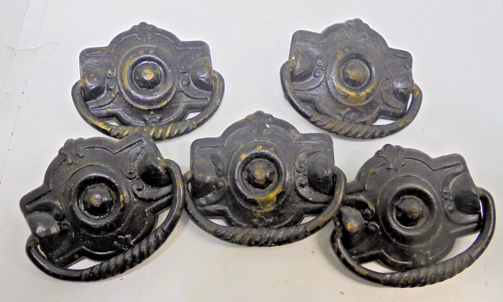 Drawer Pulls Shield Style Stamed Brass Original Patina/Paint