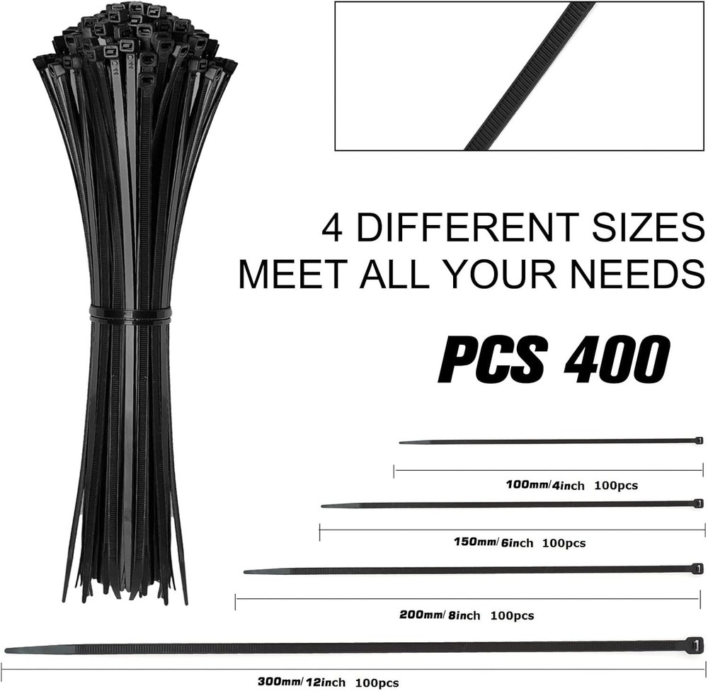 Assorted Sizes Zip Ties - 400 Self-Locking Nylon Cable Ties for Home & Office
