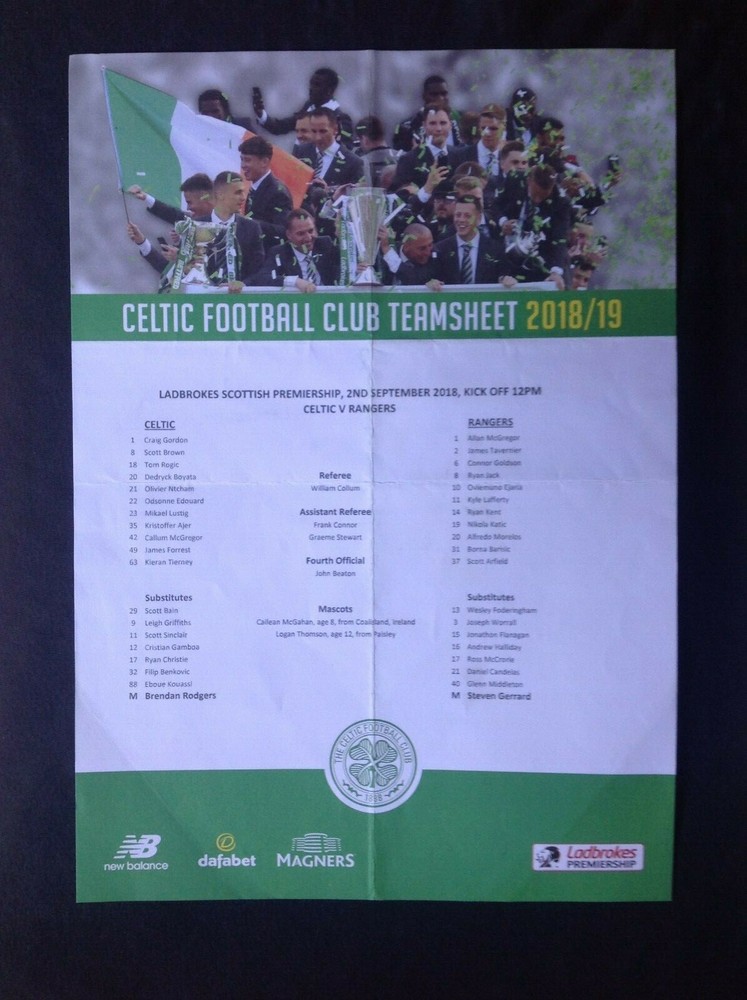 2018/19 Celtic v Rangers September teamsheet
