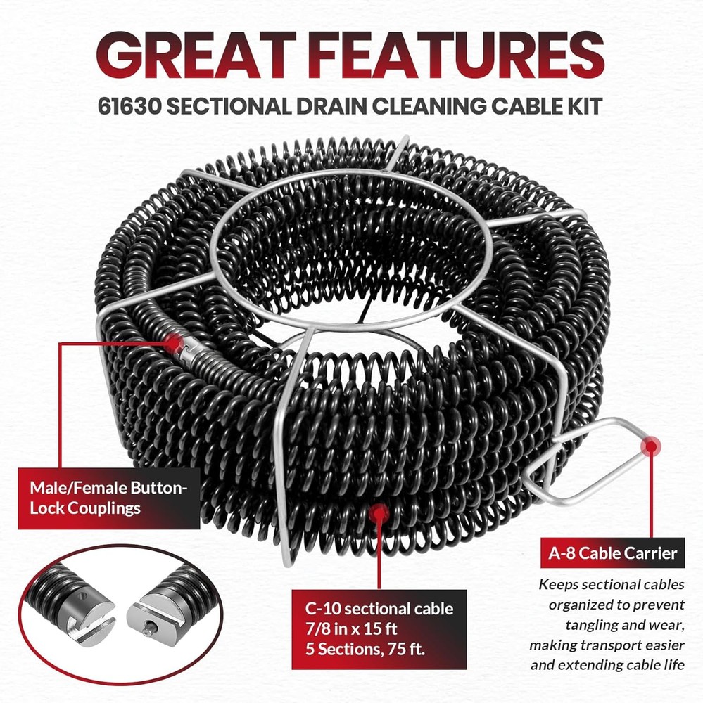 61630 Sectional Drain Cleaning Cable Kit, Replace for RIDGID A-62 7/8” Cable Kit