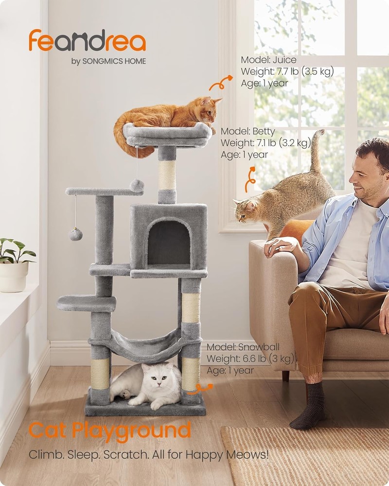 Feandrea 44.1" Cat Tree 🐱 Multi-Level Tower, Hammock, Cave, Scratching Posts