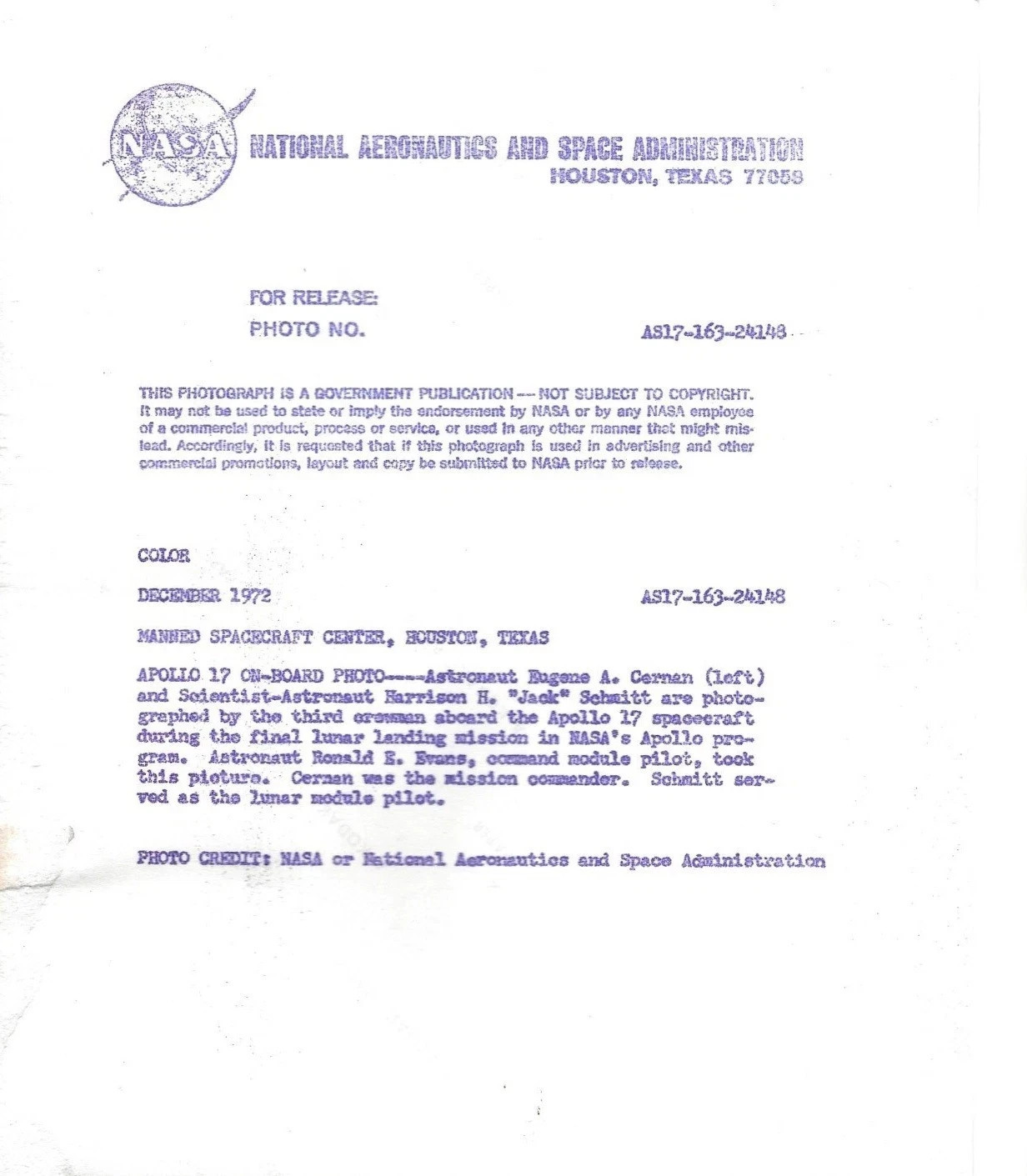 Original NASA Red Number AS17-163-24148 Apollo 17 Last Men on Moon Photograph