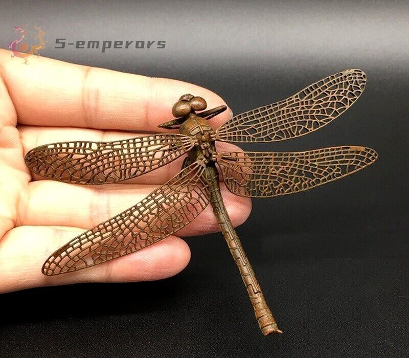 Solid Brass Dragonfly Statue Insect Figurine Netsuke Craft Decor