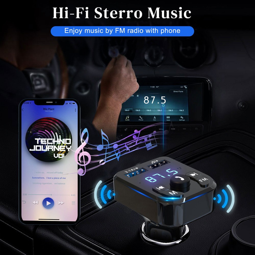 2PCS Bluetooth 5.0 Car Wireless FM Transmitter Adapter 2USB PD Charger AUX Hands