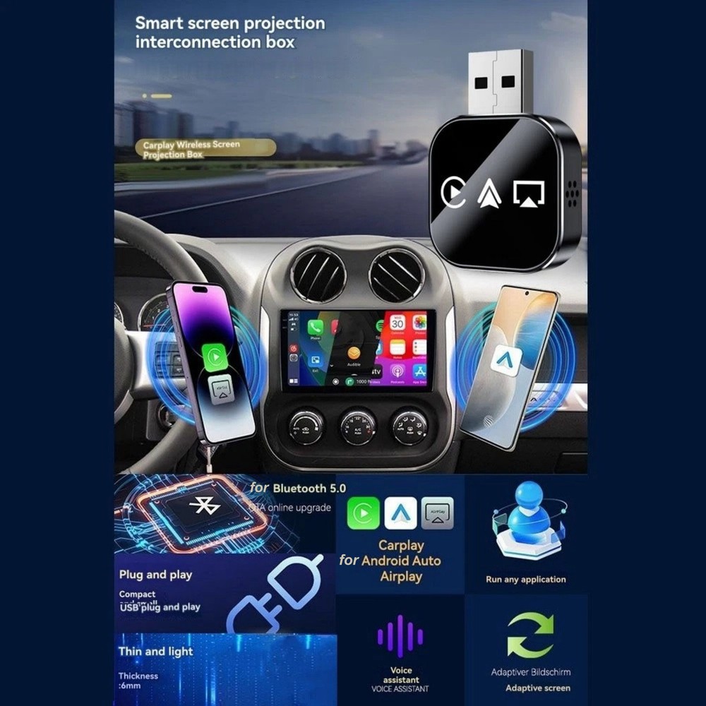 Plug Play Wireless CarPlay Adapter 3-in-1 Dongle for iOS Android Auto Bluetooth