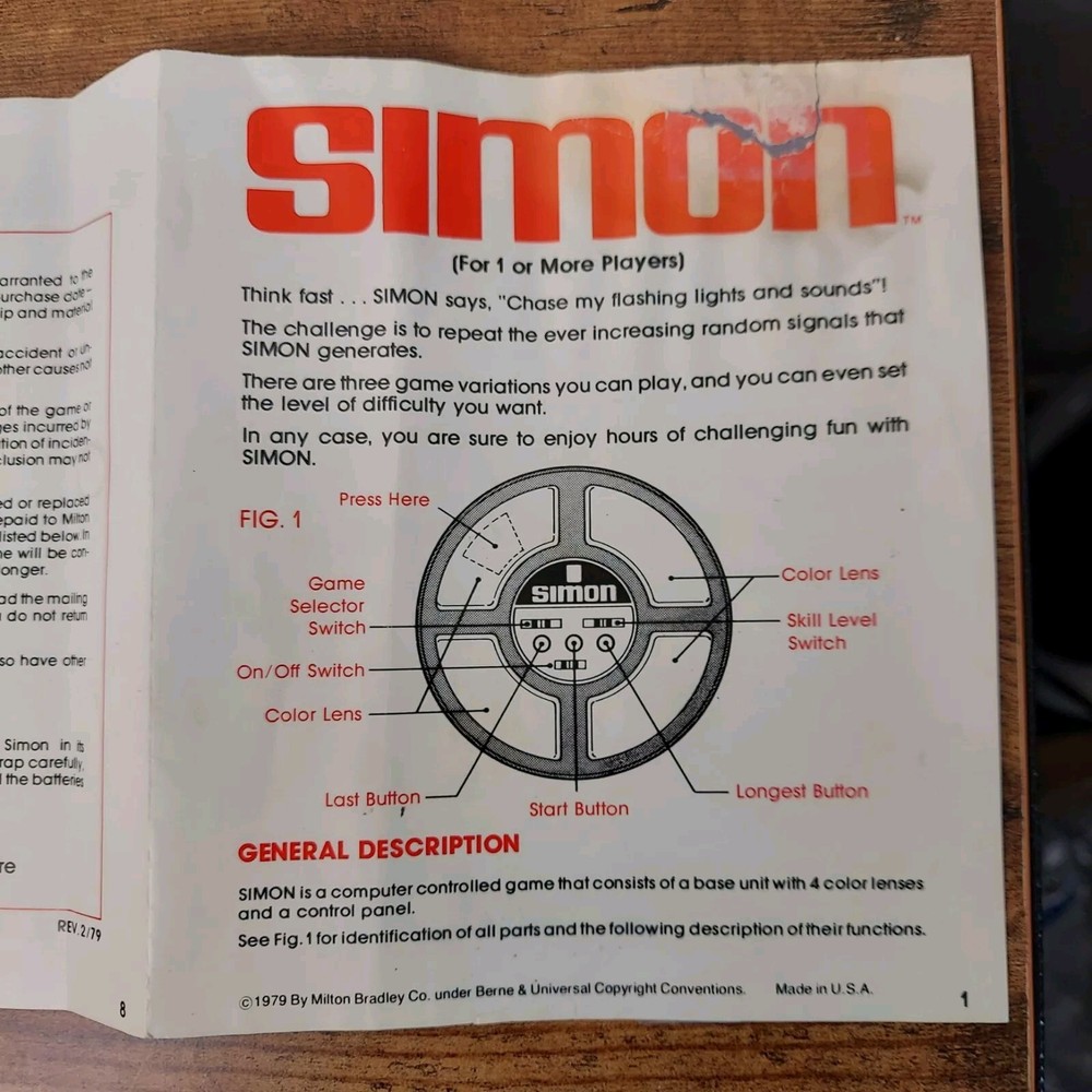 Original 1978 Simon Electronic Game With Box Milton Bradley Complete Working