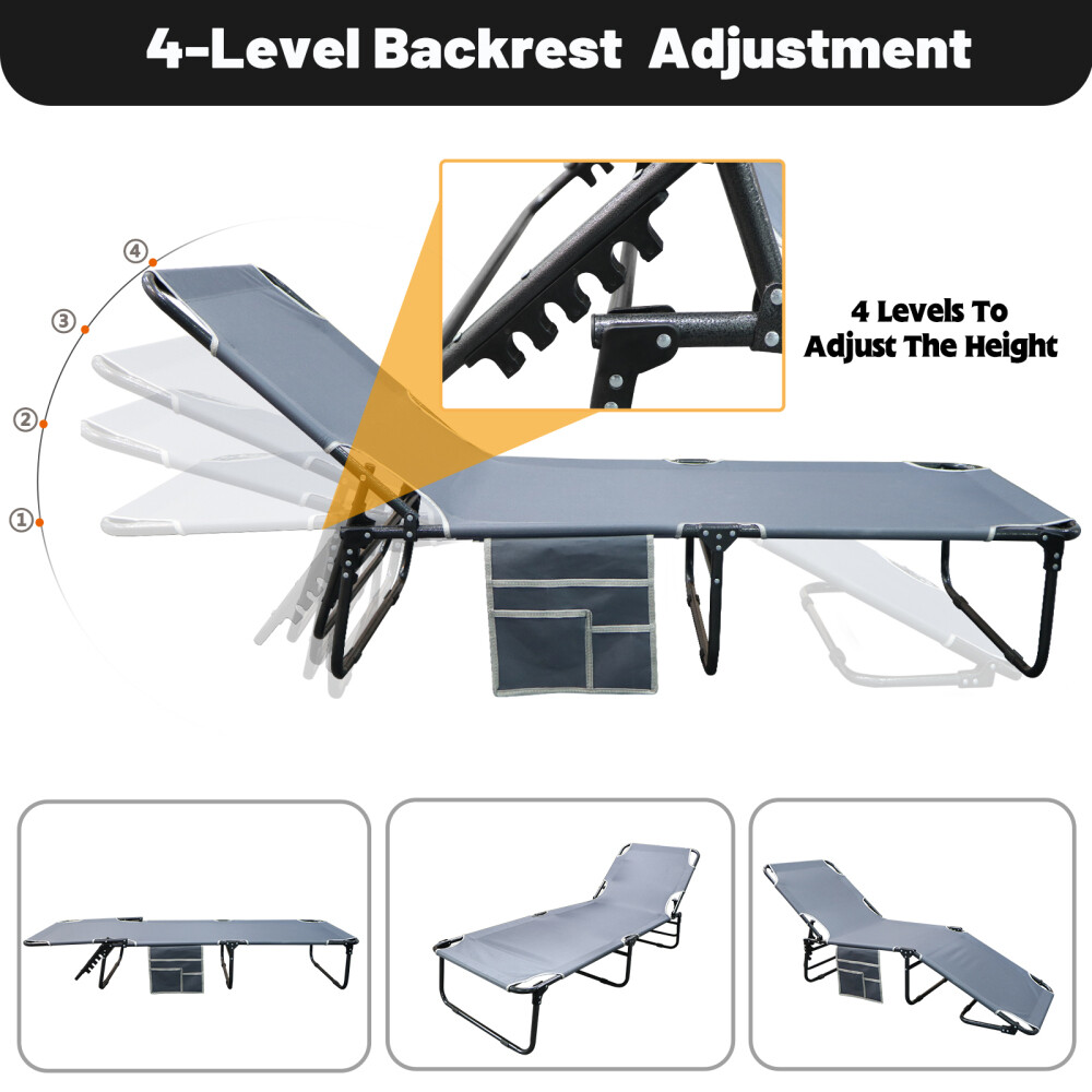 Slsy Folding Camping Cot 4-Position Outdoor Chaise Lounge Gray Pad Side Pockage