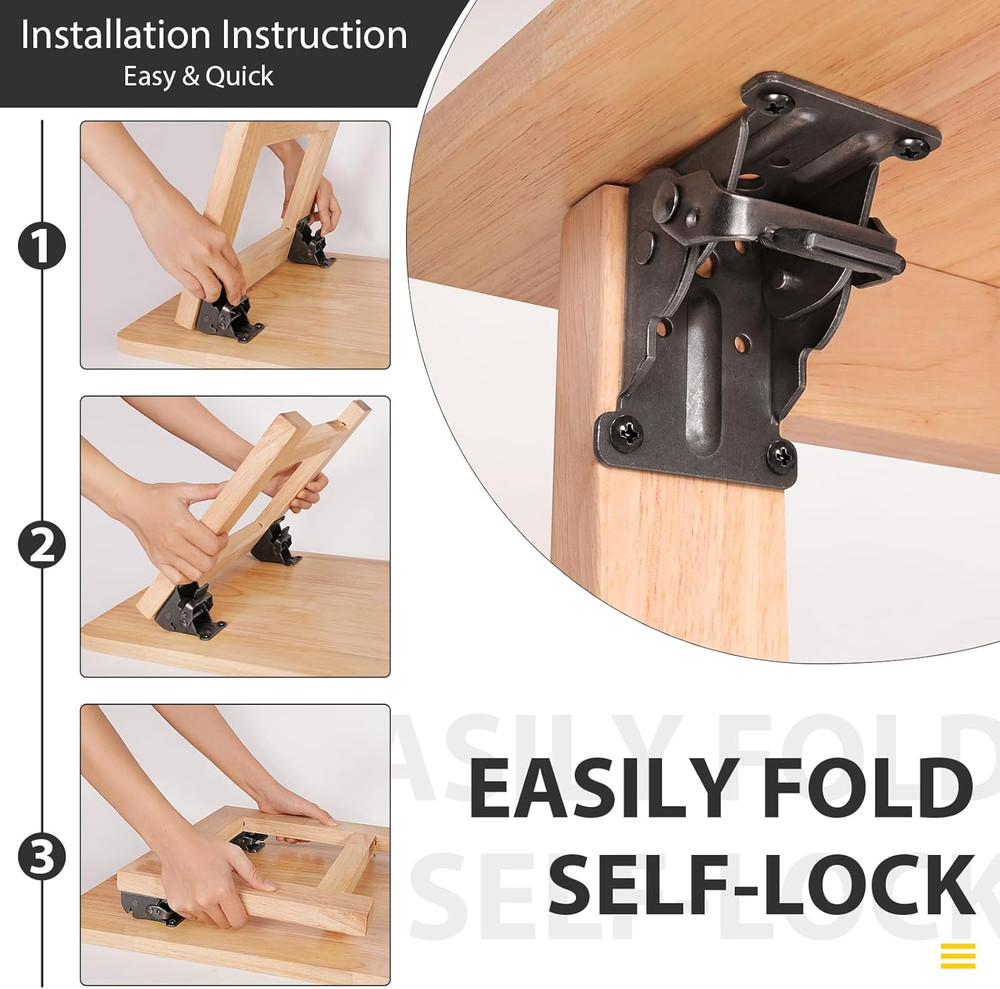 4 Pack Folding Brackets, Self-Lock Hinge with Screws for Folding Table Legs, Loc