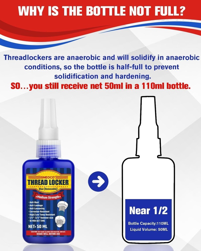 Threadlocker Blue, Thread Lock Medium Strength Lock Tight for Nuts, Bolts, Faste