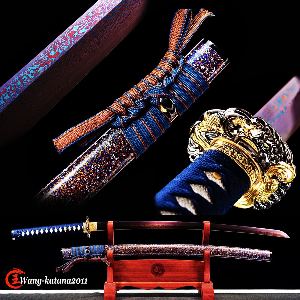 Red&Blue Damascus Folded Steel Sharp Katana Japanese Samurai Functional Sword