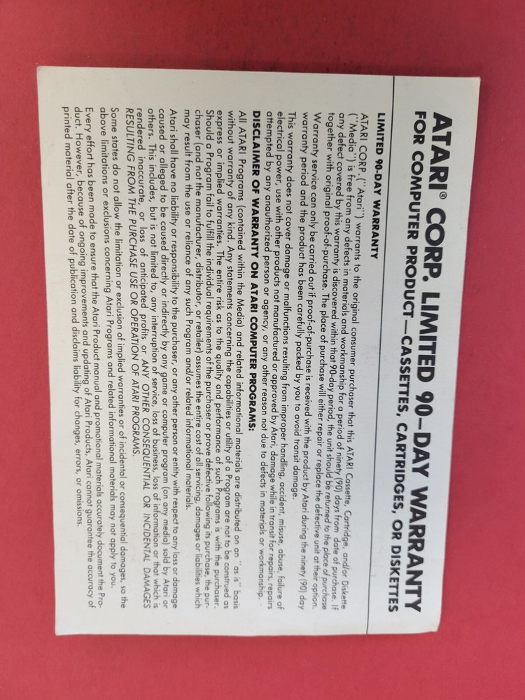 atari 90 day warranty insert
