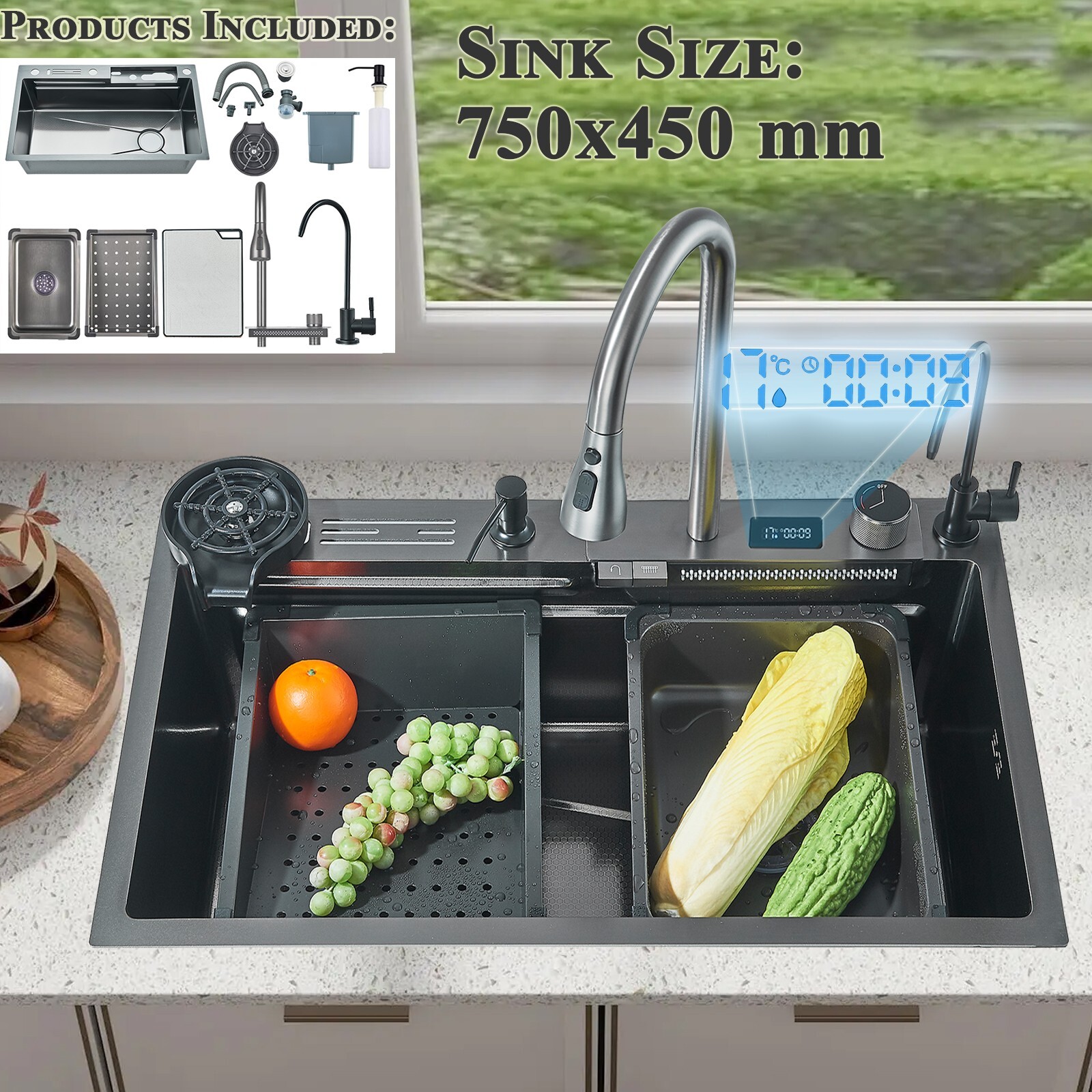 29.5" Flying Rain Stainless Steel Waterfall Kitchen Sink with Faucet Single Bowl