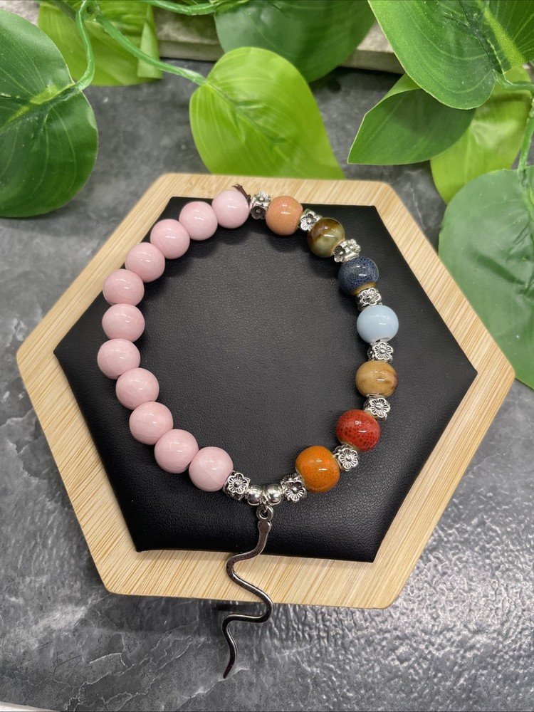 Handmade Ceramic Bead Beaded Stackable 6.5” Plus Stretch Bracelet New B218