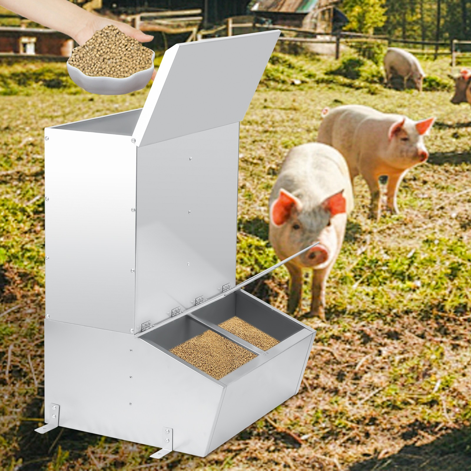 Hog Feeder,3 Bushel Double Door Automatic Pig Feeder,Galvanized Steel Pig Trough