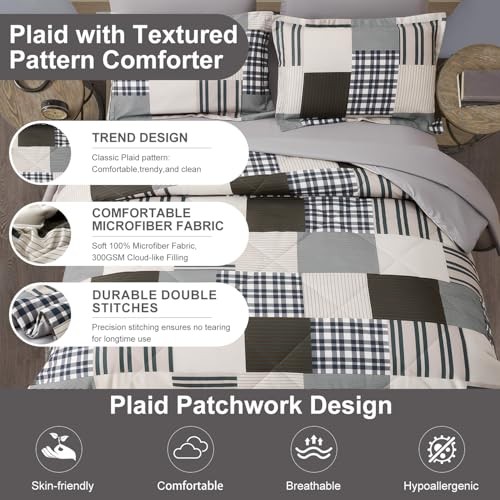 Comforter Set King Size Plaid Patchwork King-7 Pieces Buffalo Plaid Patchwork