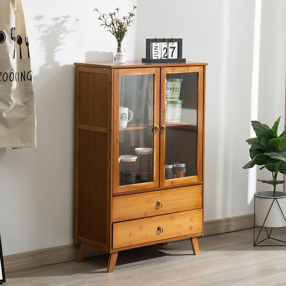 2-Compartments Bamboo Kitchen Sideboard Storage Organizer Cupboard Freestanding