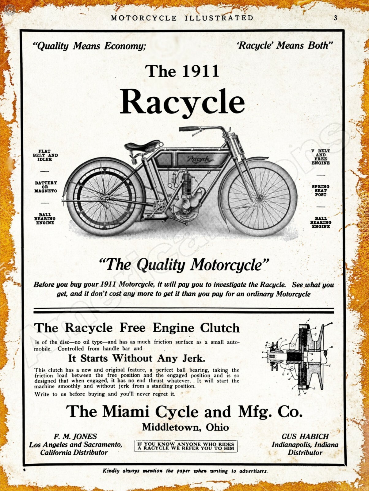 1911 Miami Cycle Co. Racycle Motorcycles New Metal Sign: Middletown, Ohio