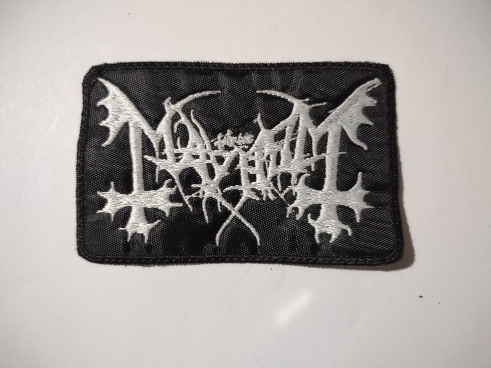 MAYHEM,SEW ON WHITE EMBROIDERED PATCH