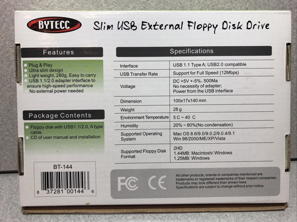 Bytecc Slim USB External Floppy Disk Drive New in open box