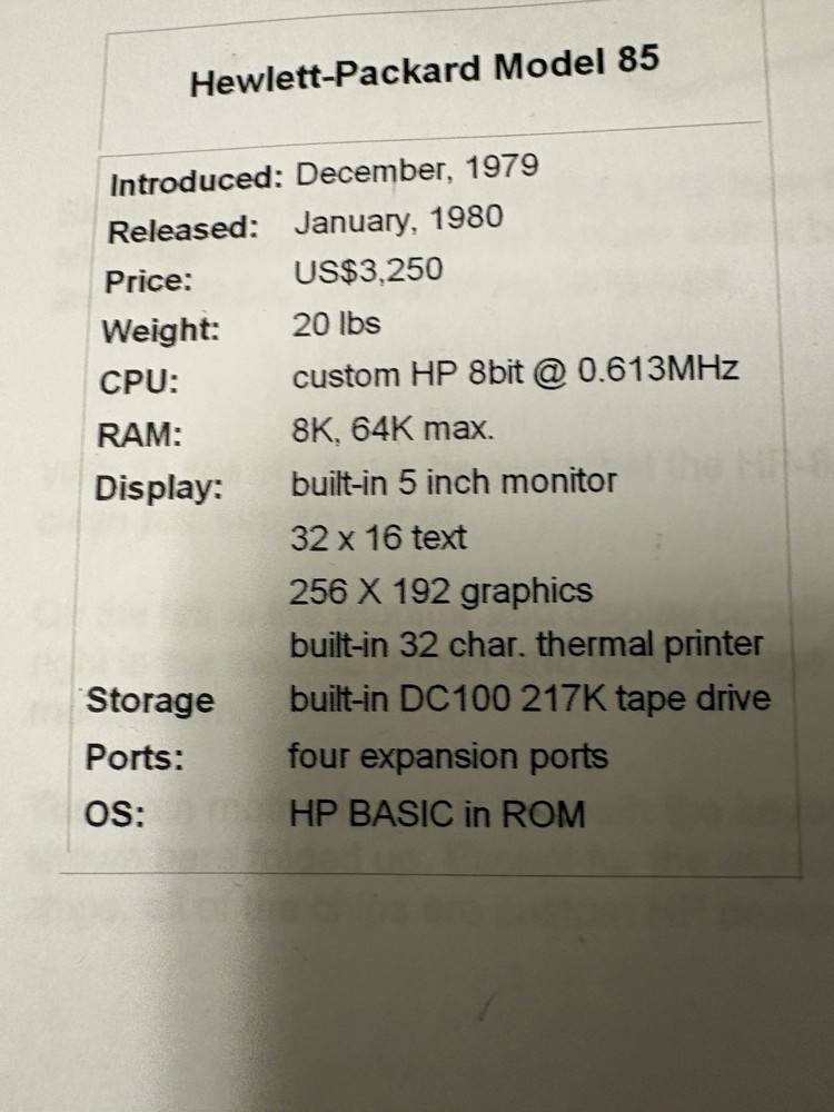 Vintage HP Hewlett Packard 85 Computer