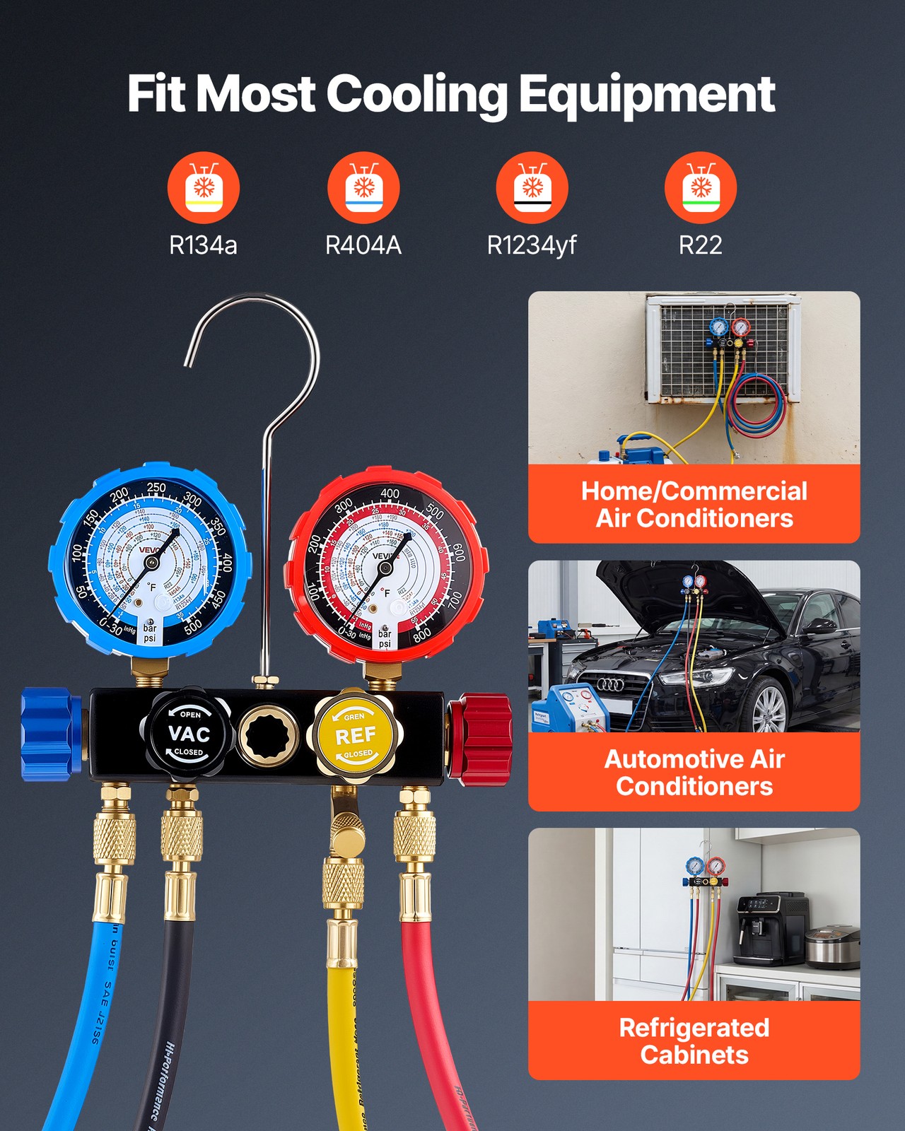 VEVOR AC Manifold Gauge Set 4-Way R134a R404A R1234yf R22 Refrigeration Charging