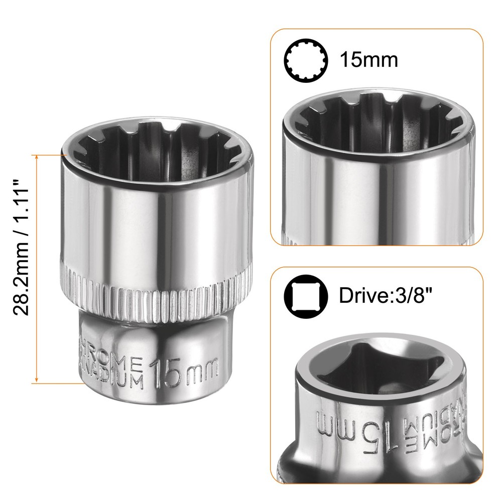 2pcs 12 Points Socket 3/8" Drive 15mm Metric Shallow Impact Socket