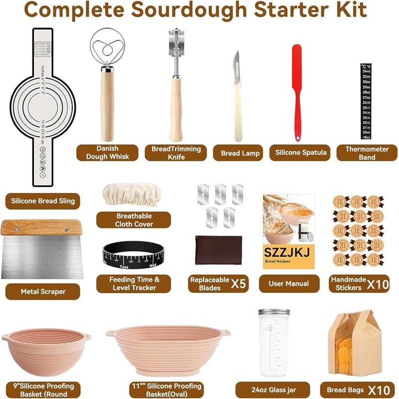 Complete Sourdough Starter Kit W/ Proofing Baskets Bread Tools & Recipe Guide US