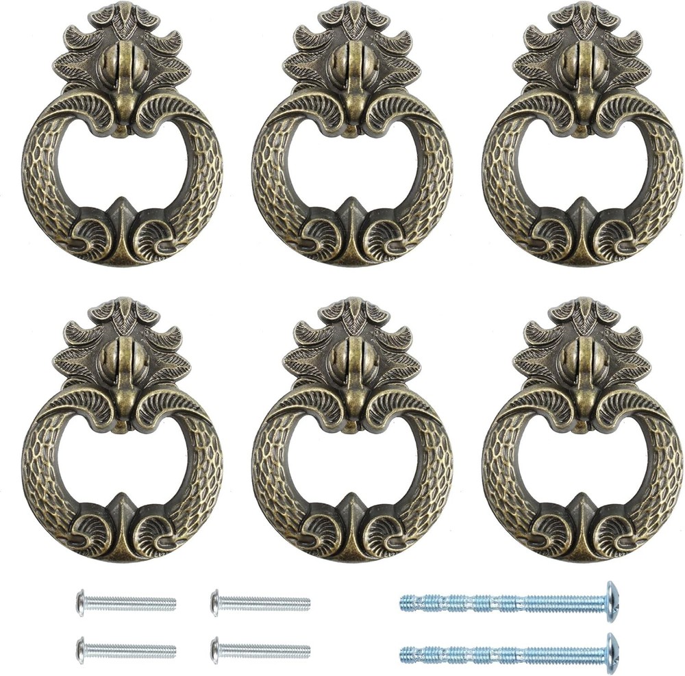 6PCS Vintage Bronze Drawer Ring Pulls, Antique Single Hole Pull Handles, round D