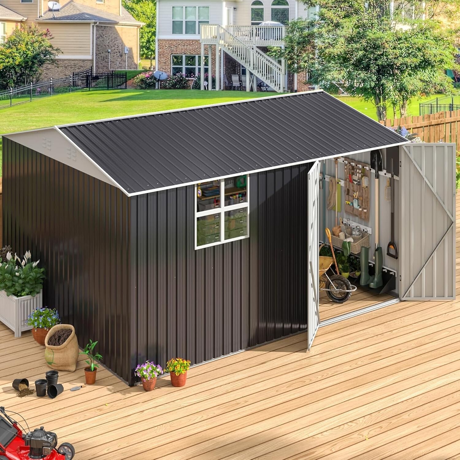 10x12 ft Outdoor Storage Shed for Lawn, Metal Garden Shed with Lockable Doors