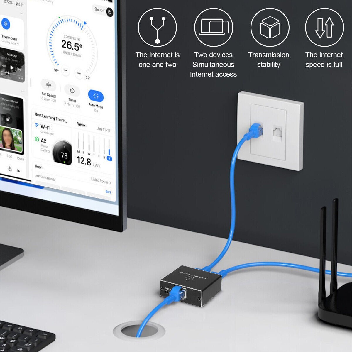 RJ45 Gigabit Ethernet Splitter 1000Mbps LAN Network Internet 1 to 2 Out Adapter