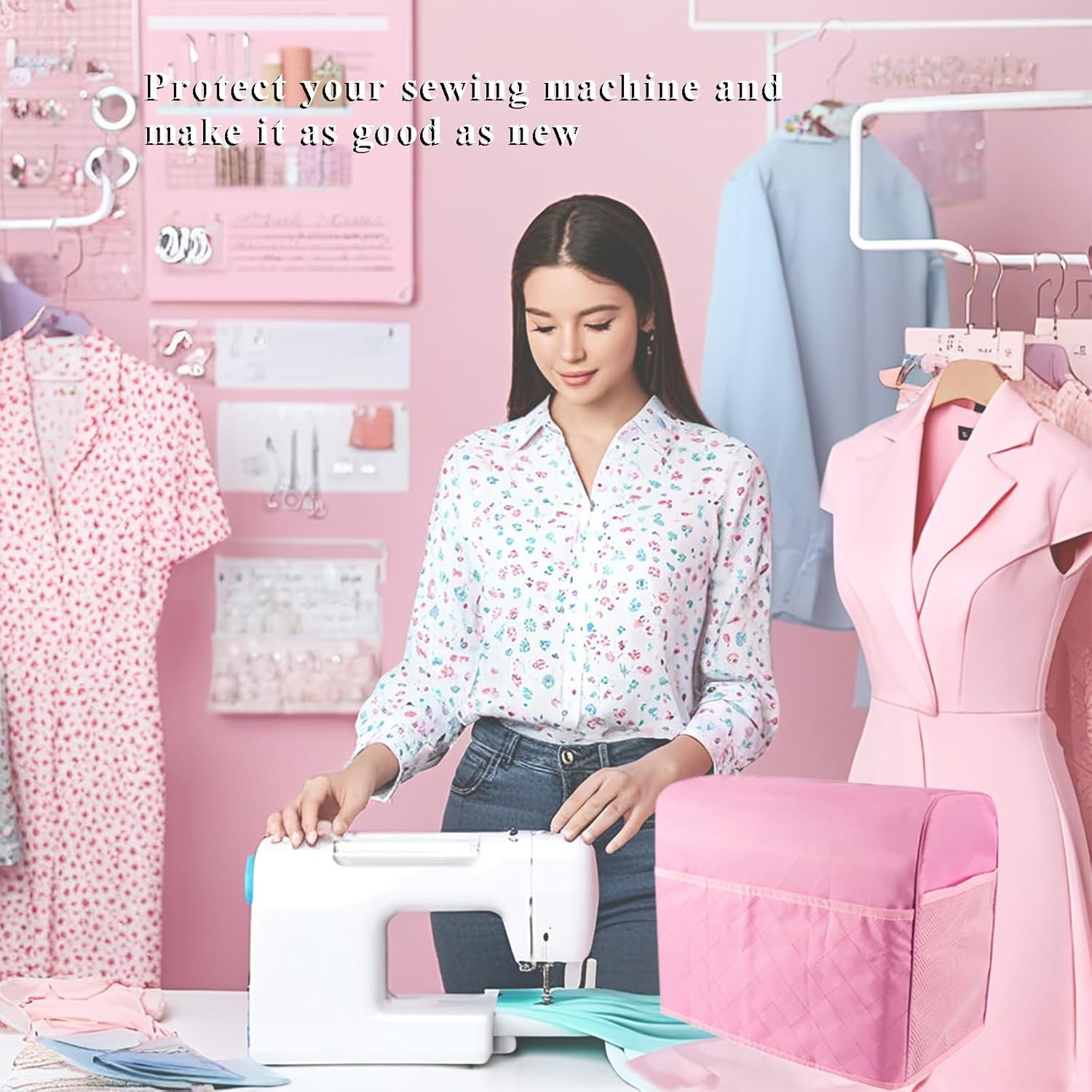 Portable Pink Sewing Machine Carrying Case with Front Pocket for Accessories