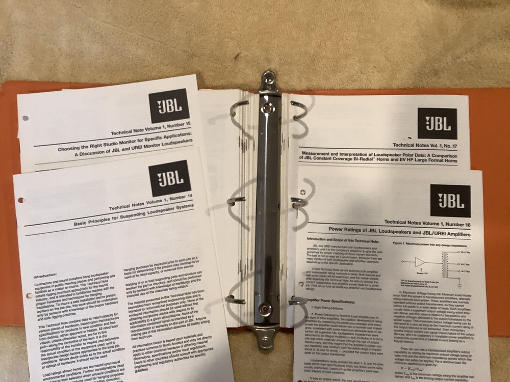 JBL TECHNICAL NOTES BINDER - Full Binder, See Photo