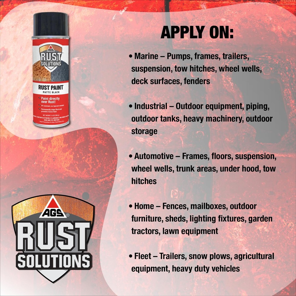 AGS RUST SOLUTIONS Rust Spray Paint 14oz Durable Matte Black Finish Safe for