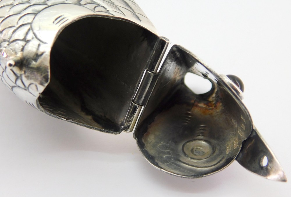 Antique Solid Silver Fish Shaped Spice Box.