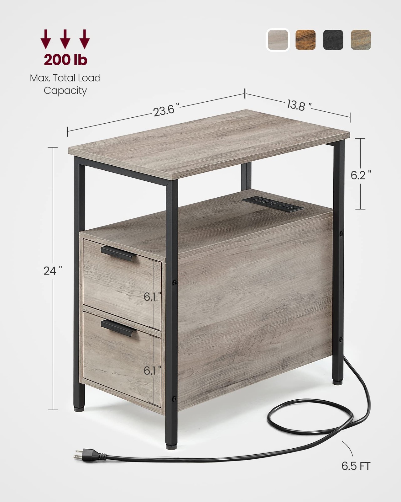 Slim Nightstand with Charging Station 2 Drawers for Small Spaces
