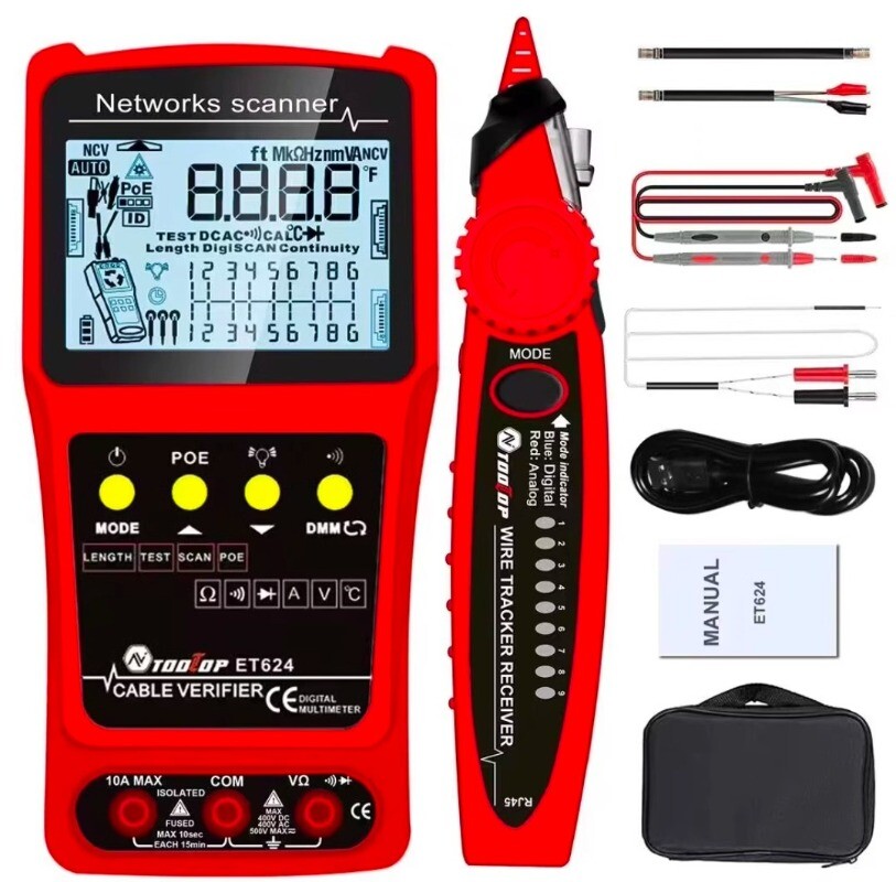 Multifunctional Network Cable Tester with LCD Display Multimeter Line Finder Red