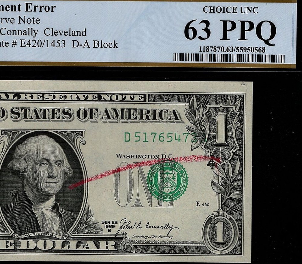 1969b $1 FRN Overprint Misalignment Error BEP Rejection Mark PCGS 63PPQ