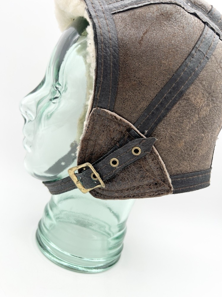 Vintage Shearling Leather Aviator Hat Flight Cap Brown Large Bomber
