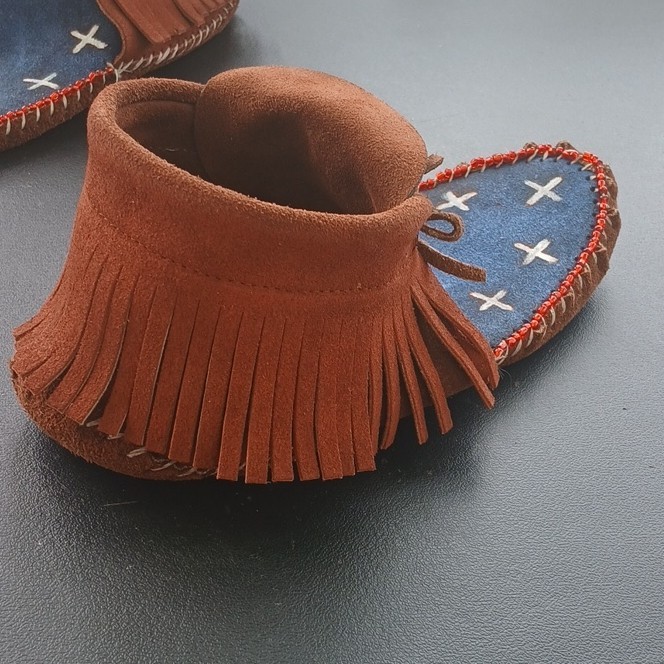 PowWow Regalia - Cowhide Leather Moccasins with Fringe and Edge Beading