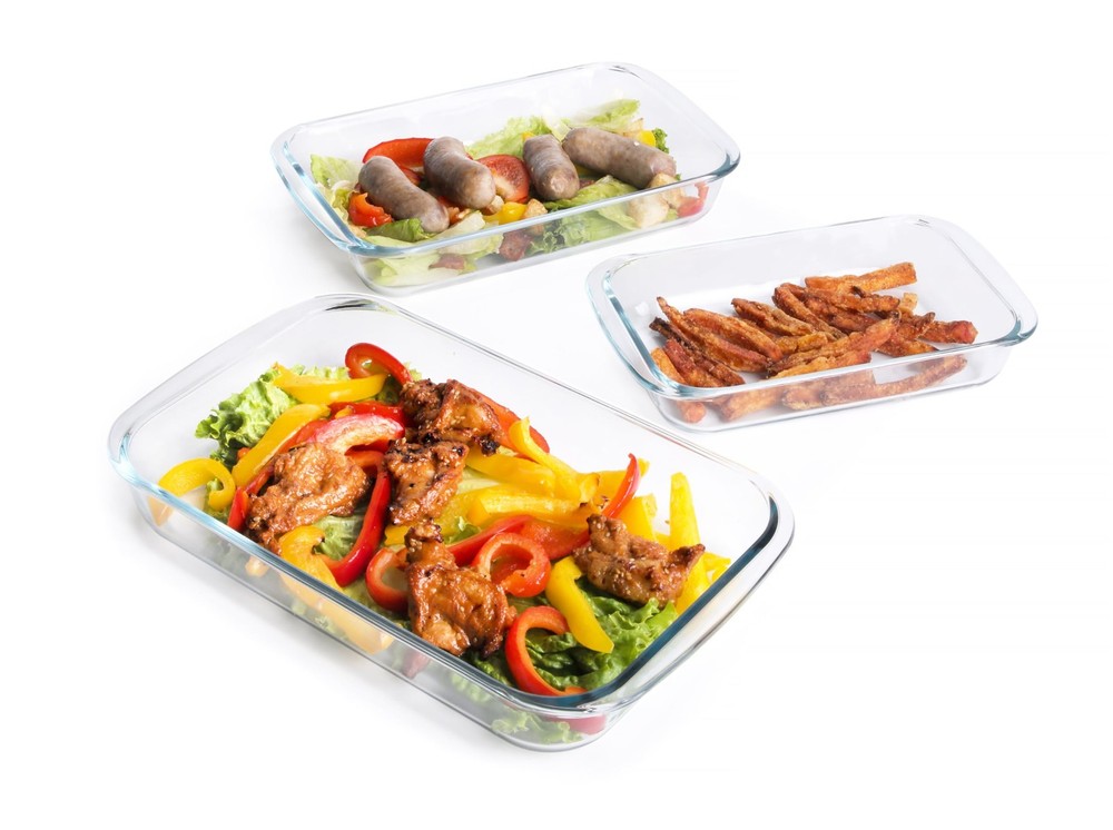 Set of 3 Basic Rectangular Tempered Glass Bakeware Baking Dishes Pan - 1L 1.5L