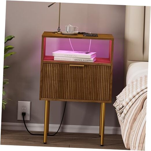 Nightstand with Outlet and Led Light, Bedside Walnut Brown Vertical Stripe