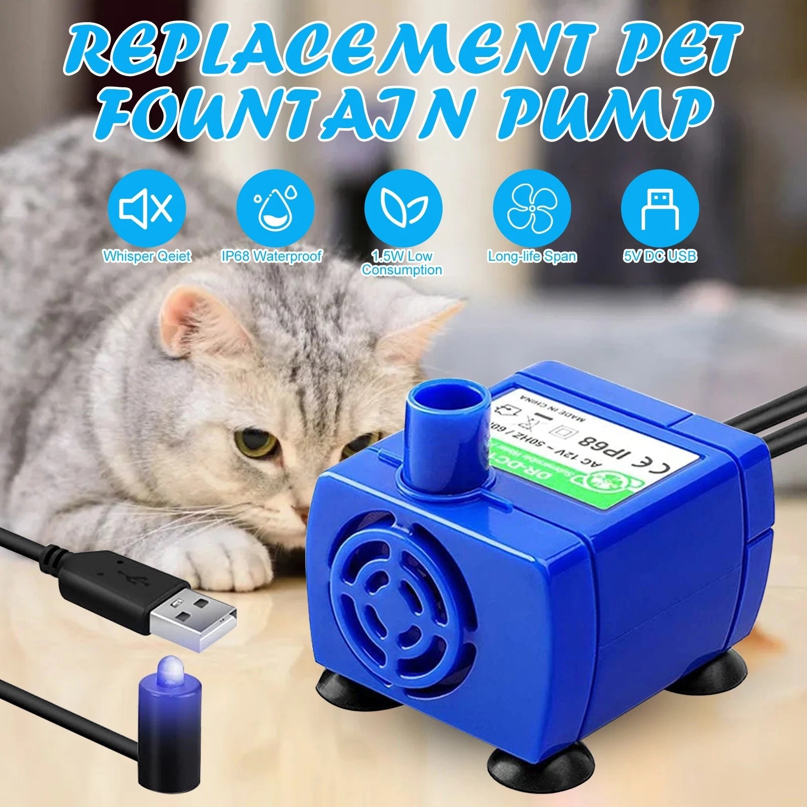 Pet Water Fountain Pump USB Rechargeable with LED Light Cat Dog Drinking Pump